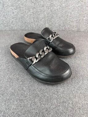 Vionic Georgie Black Leather Slip-On Mules with Chain Detail Size 7.5